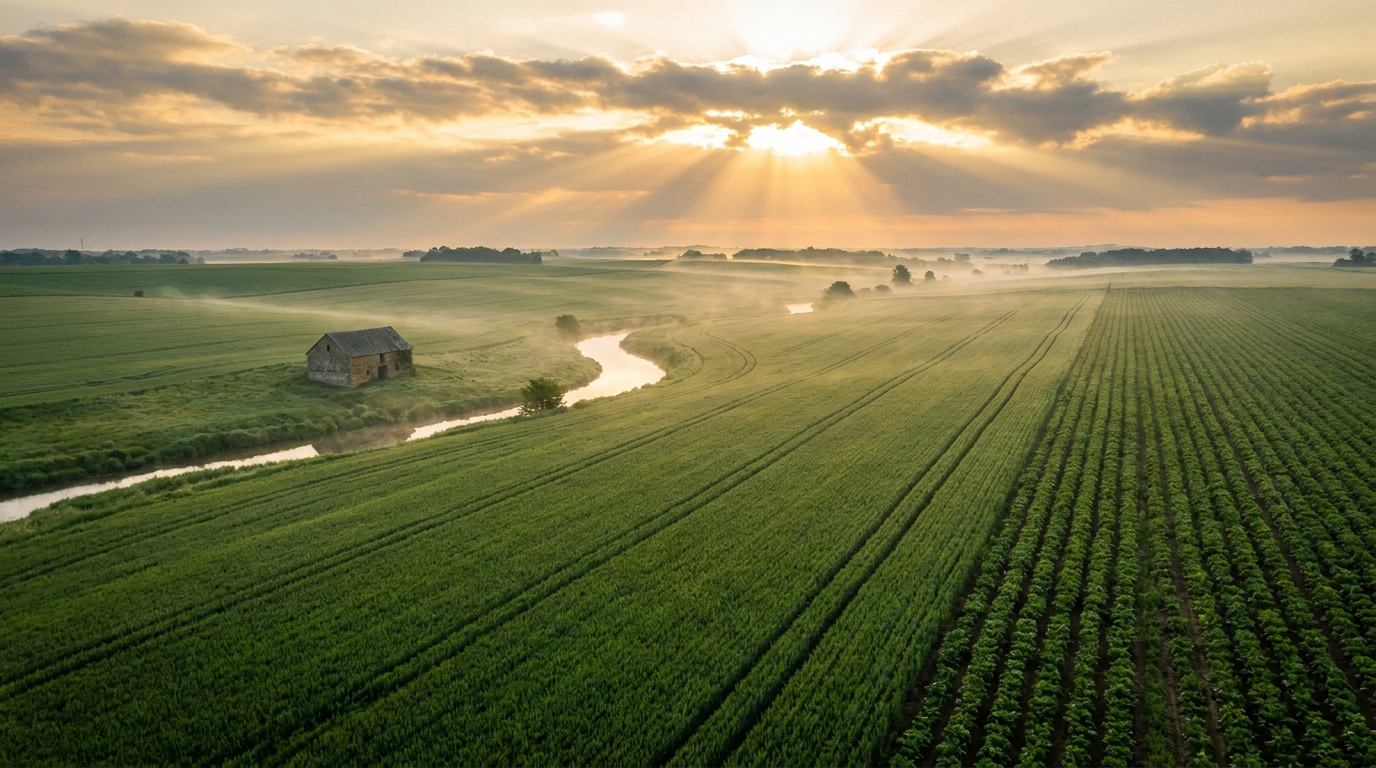 Sunrise over farmland with morning briefing concept