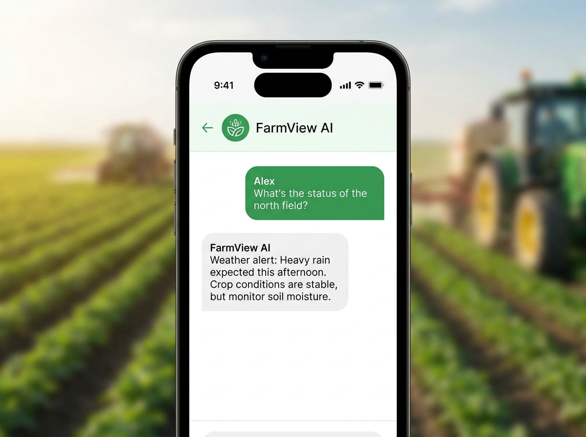 Phone showing AI conversation about farm operations